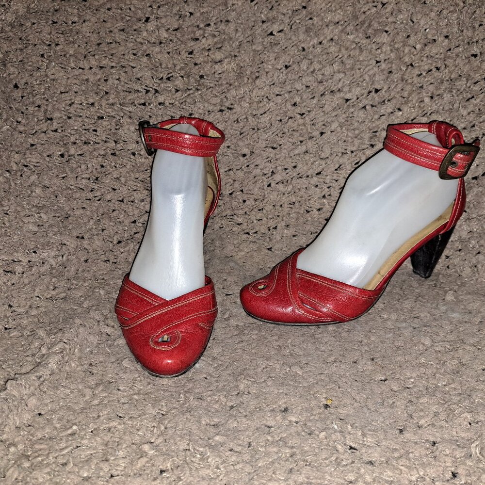 Vintage FLY GIRL/FLY LONDON-Red Leather Ankle Strap-Boho/Rockabilly-Sz 37-VG